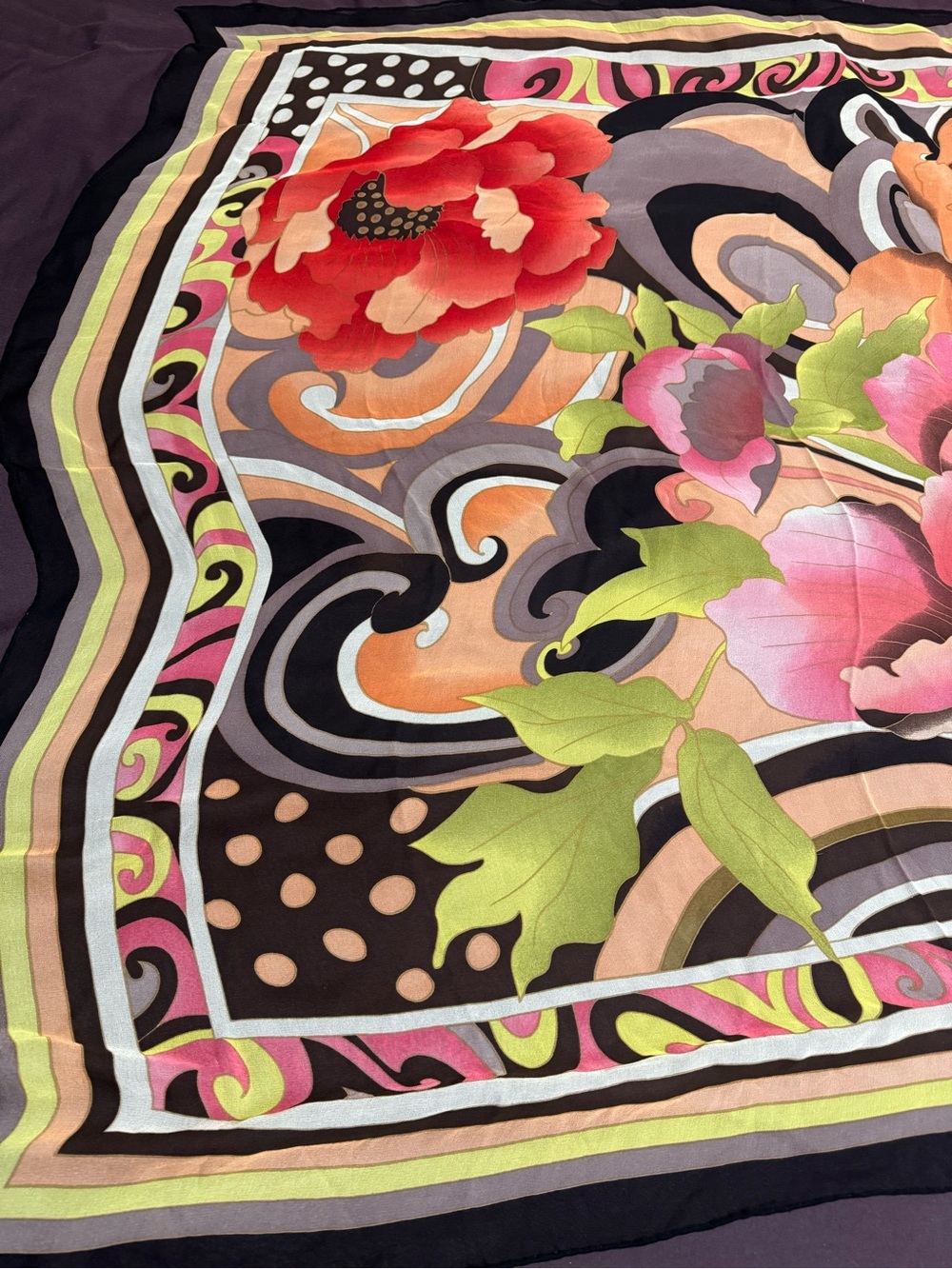 Renato Nucci Paris 100% Silk Scarf with Purple, Pink & Lime Motif (40x40 size) - Picture 2 of 4